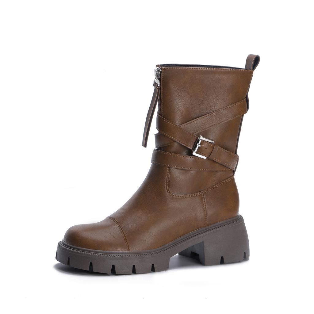 2025 winter new mid-tube knight boots women's platform locomotive boots Internet celebrity belt buckle Korean version leather boots women's outer wear