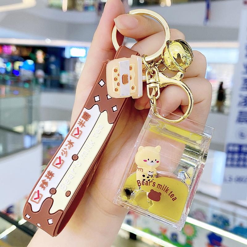Pearl Milk Tea Bear Keychain - Cartoon Oil-Filled, Floating Liquid Pendant for Bags