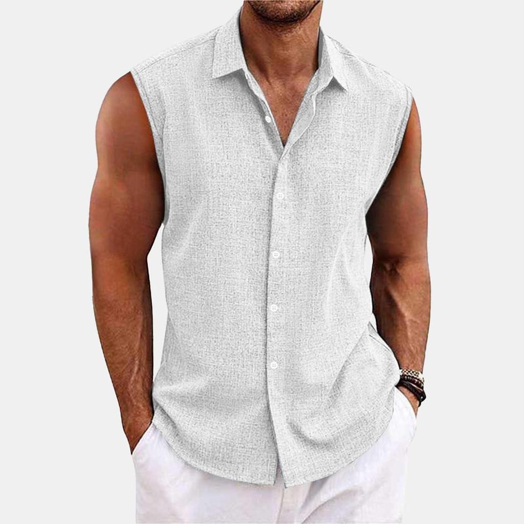 Men's Solid Color Lapel Button Up Vest Shirt T-shirt Top