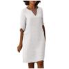 Retro High Waist V-Neck Cotton Linen Dress European American Style Solid Color Washed Wrinkled Fabric Three Quarter Sleeves