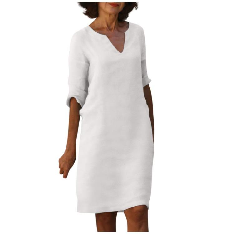 Retro High Waist V-Neck Cotton Linen Dress European American Style Solid Color Washed Wrinkled Fabric Three Quarter Sleeves