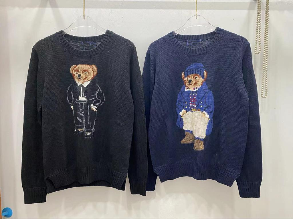 Cartoon Bear Embroidered Jacquard Knit Sweater - Women's Long Sleeve Round Neck