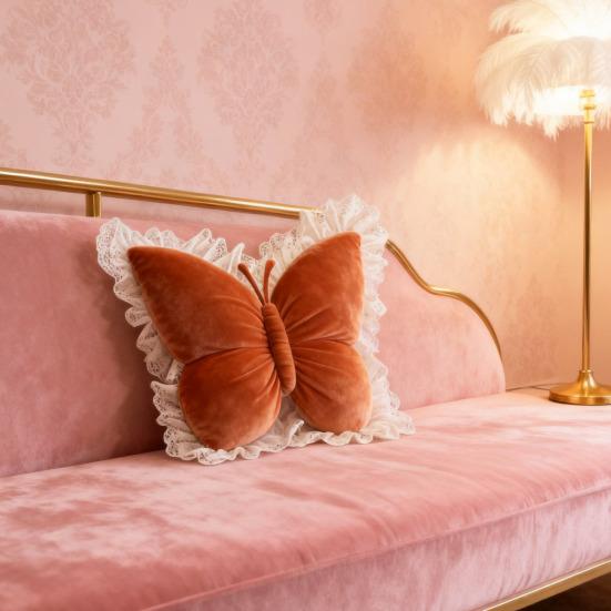 Butterfly Shape Throw Pillow Velvet Butterfly Pillow with Lace Trim Decorative Pillow for Sofa Couch Bedroom Office Decor
