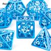 7-teiliges blau-weißes rotierendes Zyklon-Metallwürfel-Set aus hohlen Metall-Polyeder-Würfeln, geeignet für Rollenspiele, RPG-Brettspiele, Kartenspiele