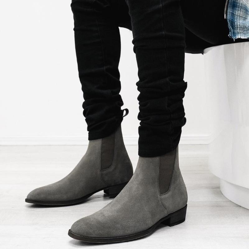 New Gray Chelsea Boots For Men  Flock Business Men Ankle Boots Cowboy Boots Handmade Men Boots Size 38-46 Free Shipping cm