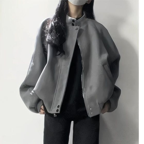 Women Retro Faux Suede Jacket Stand Collar Zip Up Loose Solid Gray Casual Vintage Outerwear For Spring Autumn
