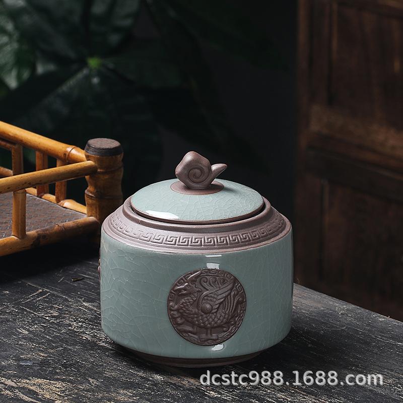 Ceramics Ge kiln Song porcelain tea jar, large sealed storage jar, vintage relief tea packaging jar, gift ice crack glaze