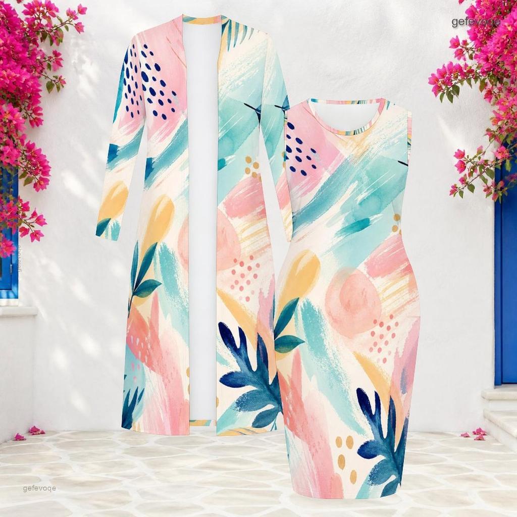 Women Plus Size Printed Two Piece Set Long Sleeve Open Front Cardigan Sleeveless Bodycon Dress