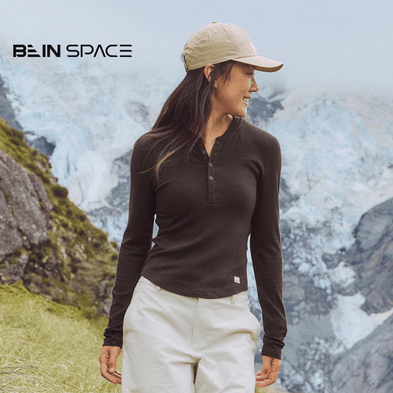 BEIN SPACE Women s Merino Wool Henley Long Sleeve T-Shirt M