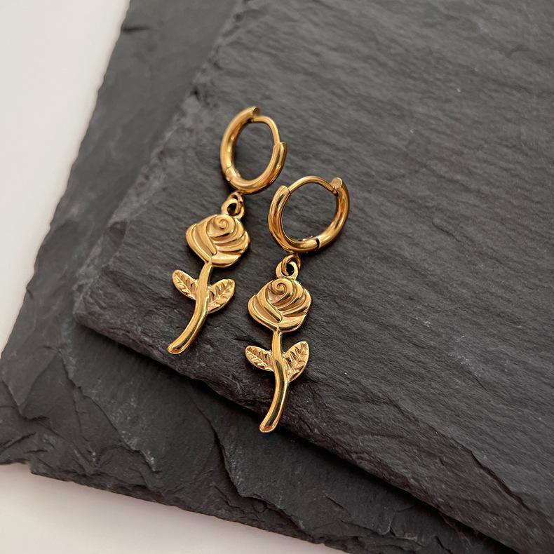 Elegant 18K Gold Plated Titanium Steel Rose & Little Prince 3D Flower Earrings (Non-Fading)