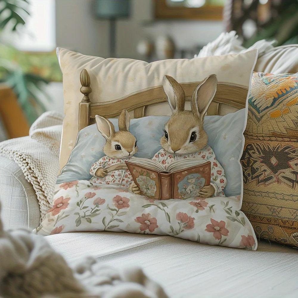 Easter Spring and Summer Retro Cartoon Cute Rabbit Singlesided Printed Pillowcase Gift for Friends Holiday Decoration