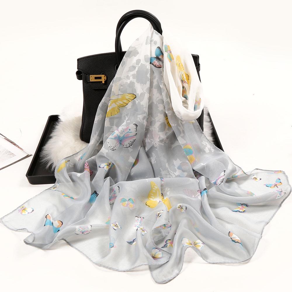 Chiffon Lotus Print Long Scarf - Lightweight, Thin Spring/Autumn Silk Accessory for Middle-Aged & Elderly