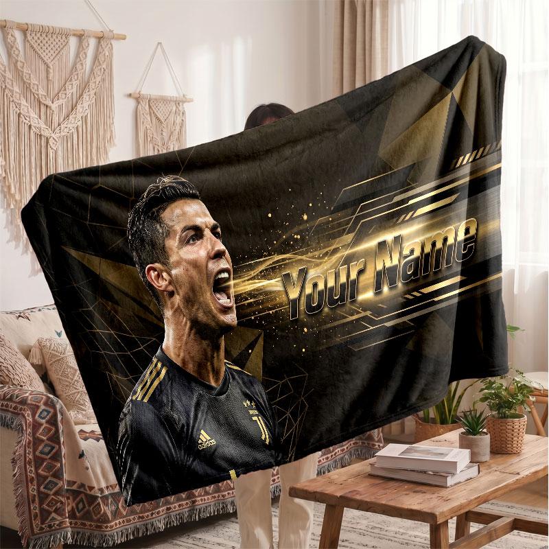 Coperta Personalizzata in Pile Cristiano Ronaldo con Logo Calcio, Testo Nome Personalizzato Morbida Calda Coperta da Divano per la Casa