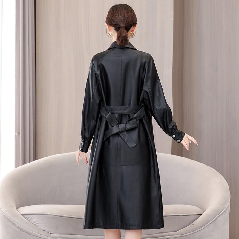 Womens Mid-Long Sheepskin Leather Coat Winter Elegant Office Wear Oversized Fit Black Army Green Burgundy