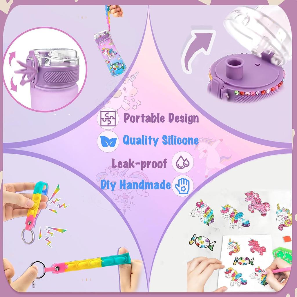 Creative DIY Gemstone Kids Water Bottle 600ml Rainbow Unicorn for School & Outdoor, Holiday Gift for Boys Girls Age 4-6-8-10, Multicolor