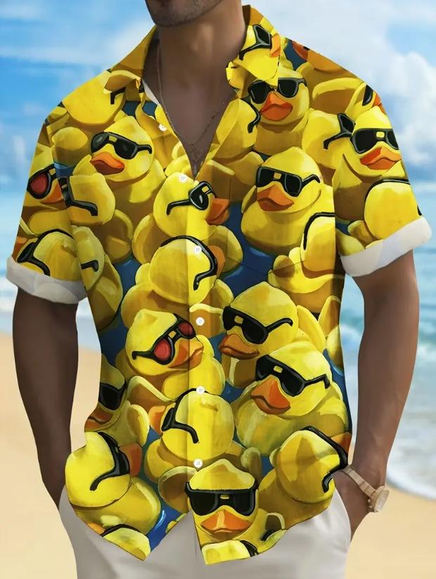 

Men S Summer Short Sleeve Shirt Digital Printing Little Yellow Duck Trend Casual Vacation Shirt S