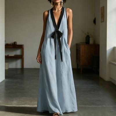 Women Color Block Deep V Neck Maxi Dress Sleeveless Flowy Loose Long Tank Dress