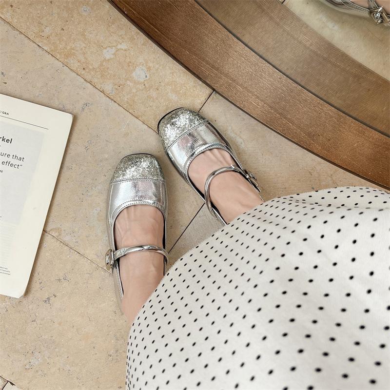 Retro Silver French Flat Bottom Inner Height Increase Light Mouth Single Shoes Women's Summer 2025 New Versatile Soft Sole Mary Jane Women's Shoes