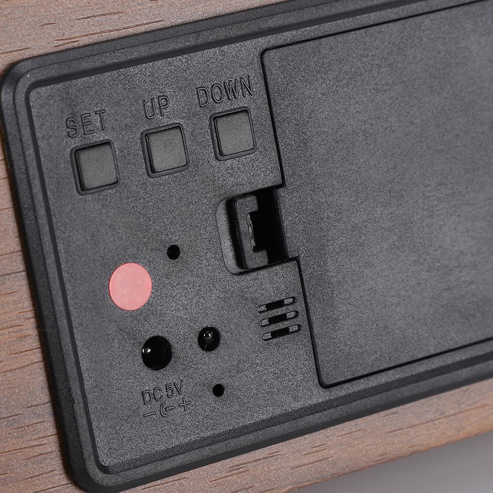 Wooden Alarm Clock LED Voice Control Desk Rectangular Brown Wood Red Light Digital Clock