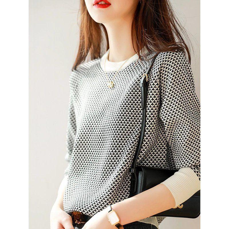 

Модный высококлассный женский джемпер в клетку Sense of Thousand Birds, осенне-зимняя жаккардовая трикотажная рубашка, свободные топы One Size чёрный