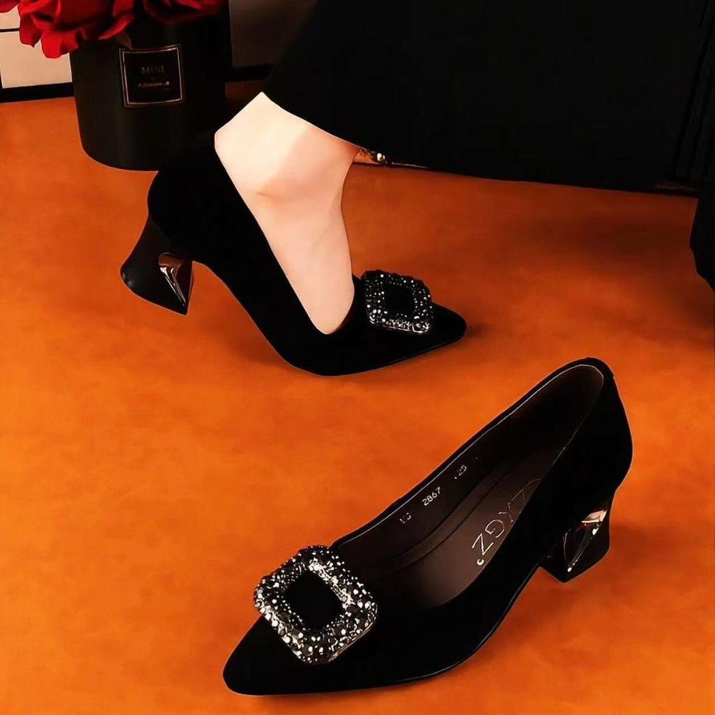 High Heels Women's Spring and Autumn Thin Heels Rhinestone Suede Not Tired Feet Temperament Pointed Square Buckle Single Shoe Temperament New