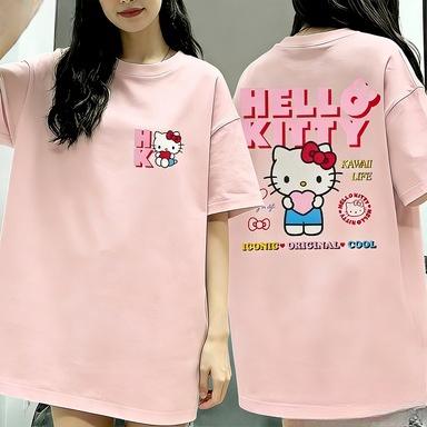 

Summer Sanrio Anime Hello Kitty Tshirt for Women Unisex Casual Round Neck Cute Tshirts Hello Kitty Tshirt Y2K Street Couple Tops S