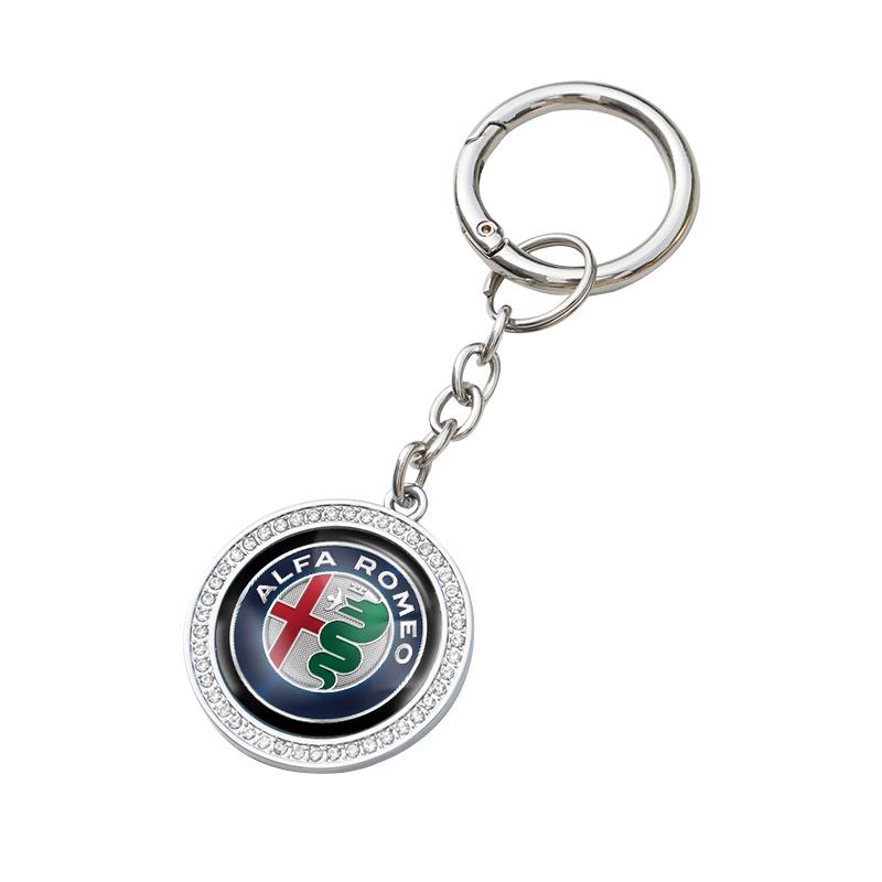 

2026 Hot Sticker Zinc Alloy Keychain Car Logo Diamond Keyring For Alfa Romeo 156 159 Mito 147 GT 4C 8C 166 Giulia Stelvio Spider серебряный