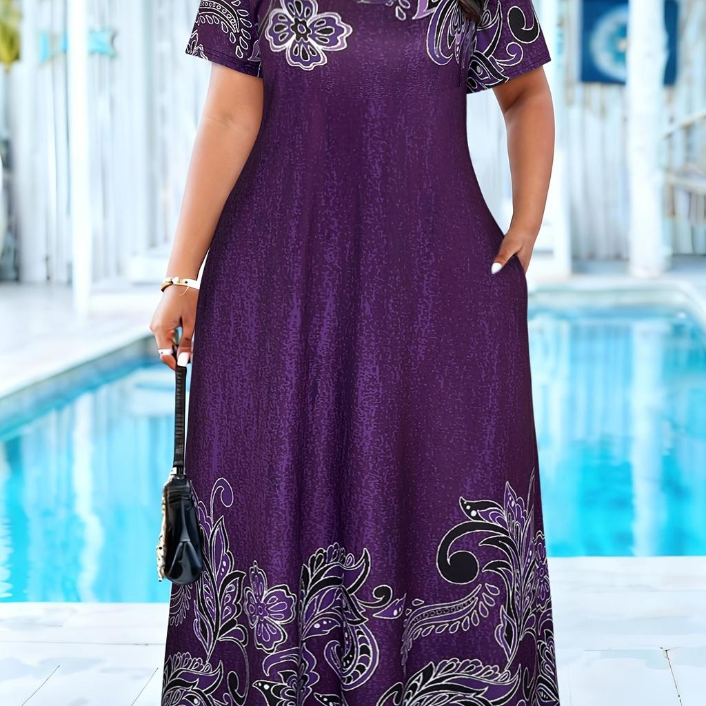 Plus-size women's spring/summer dress, round neck, short sleeves, floral print.