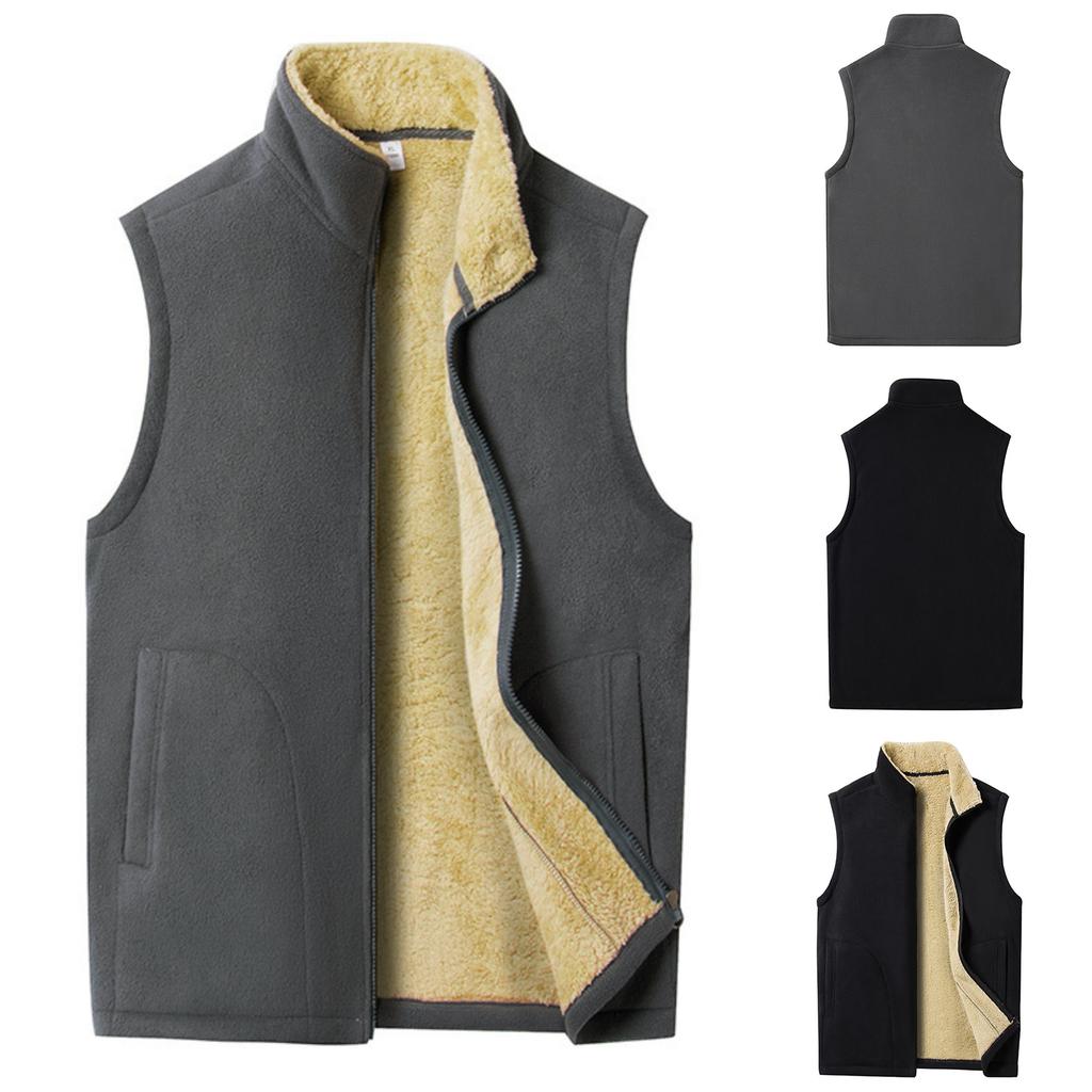 Men's Casual Solid Color Double-sided Fleece Zipper Vest, Men's Stand-up Collar Fleece Vest