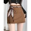 Plus Size Brown Suede A-line High-Waisted Skirt for Women - Slimming, Hip-Hugging Short Skirt for Spring and Autumn