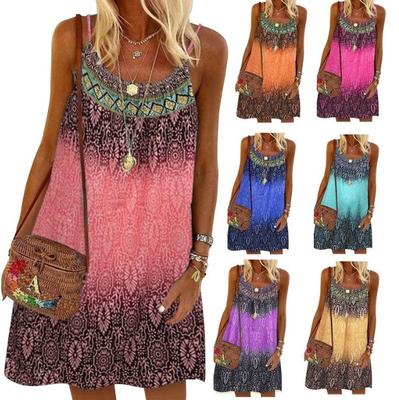Ladies Fashion Summer Boho Loose Casual Print Ethnic Slip Dress