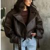 Casual Donkerrood Rits Leer Korte Jassen Dames Lange Mouw Vetersluiting Kraag Losse Knopen Jas Dames Dagelijks High Street Kleding