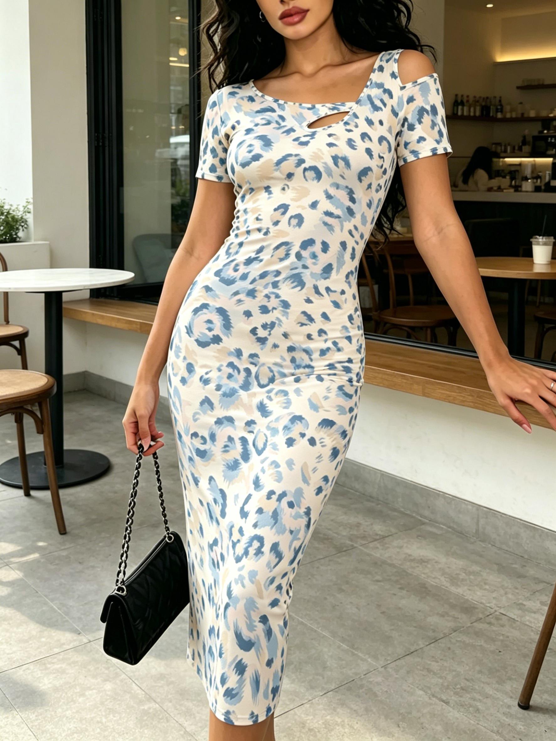 Women Summer Blue White Leopard Print Bodycon Midi Dress Cold Shoulder Slim Fit Sexy Cutout Elegant Dress XS