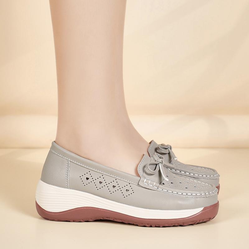 Women Platform Loafers Grey Summer Hollow Casual Elegant Leather Shoes Thick Sole Height Increase Shoes