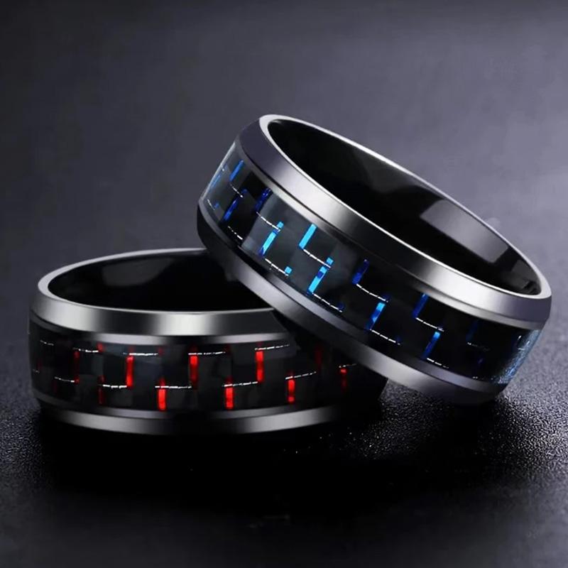 8MM Stainless Steel Black Carbon Fiber Ring Fashion Red/Blue Unisex Cool Charm  Gift for Men Women
