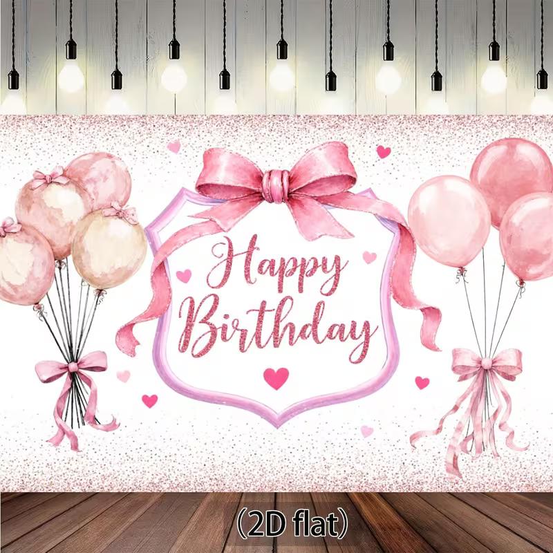 2D Pink Bow Happy Birthday Backdrop for Girls and Women's Parties