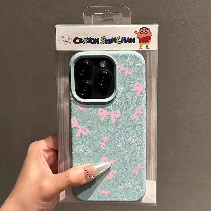 Bowknot Kitty Lychee Pattern Soft Shell Phone Case for iPhone 11, 14, 15, 16 Pro, and 17 Pro Max.