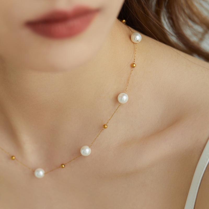 

French Light Luxury Pearl & Gold Bead Titanium Necklace Set for Women - Elegant Super Fairy Style Clavicle Chain