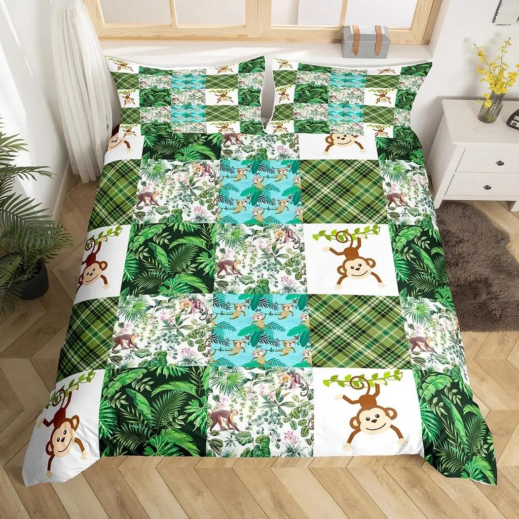 Set Copripiumino Scimmia Carina Set Biancheria da Letto Animale Cartone Animato per Bambini Set Biancheria da Letto Comodo e Caldo Adatto per Bambini Adolescenti