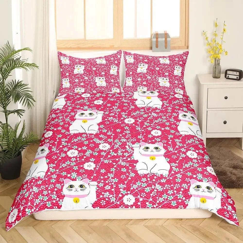 Maneki Duvet Cover Set,Japanese Lucky Cat Duvet Cover Neko Gold Coin Japanese Style Cute Bedding Set Cat Comforter Cover