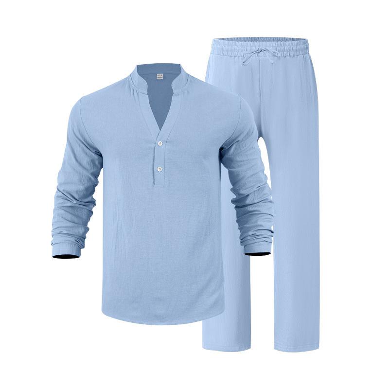 

New men s loose-fit, breathable linen V-neck polo shirt and long-sleeved trousers set XXXL світло-синій колір