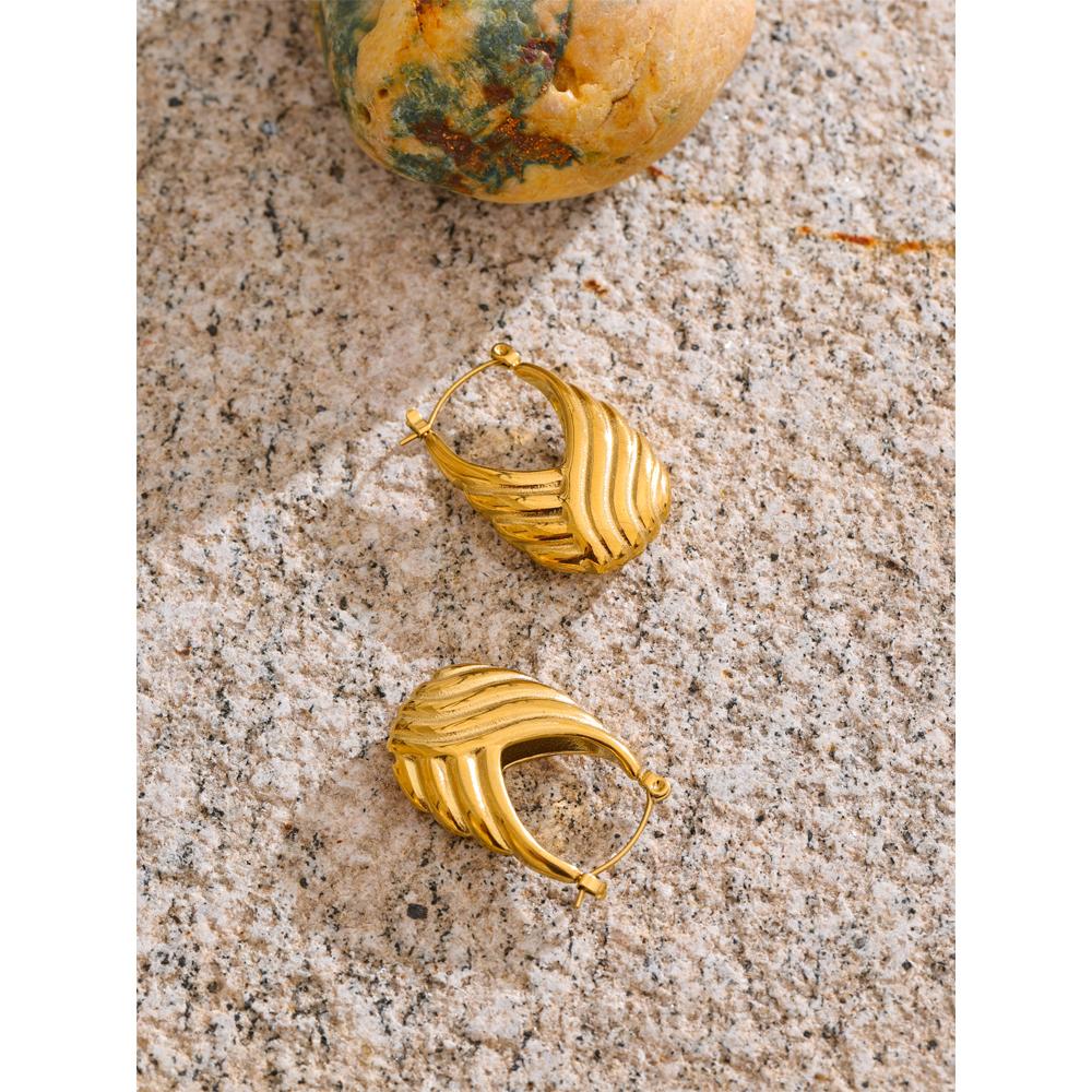 Eetit Statement Stainless Steel Striped Hollow Geometric Hoop Earrings 18K Golden Plated Texture Daily Jewelry Waterproof