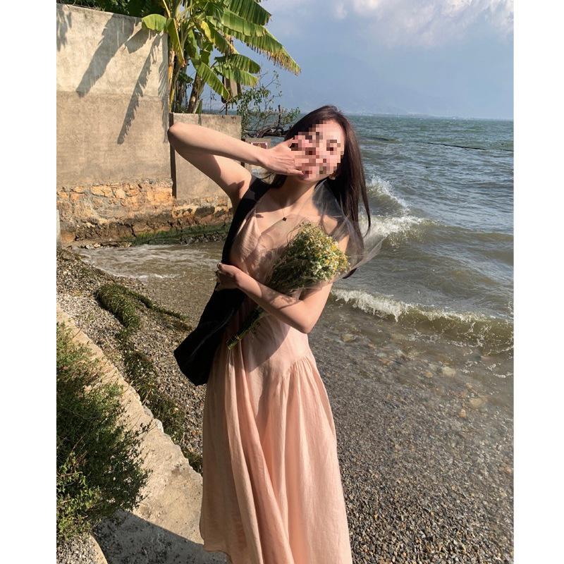 Romantic Pink V-neck Fairy Camisole Dress with Waist-cinching Slimming Long Skirt