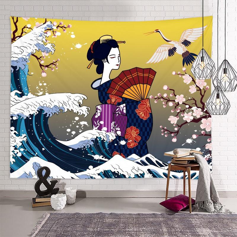 

Japanese UkiyoE Kanagawa Surfing Tapestry Cartoon Secondary Printing Wall Background Cloth Office Bedroom Hanging Decoration 74x94cm(29x37in)