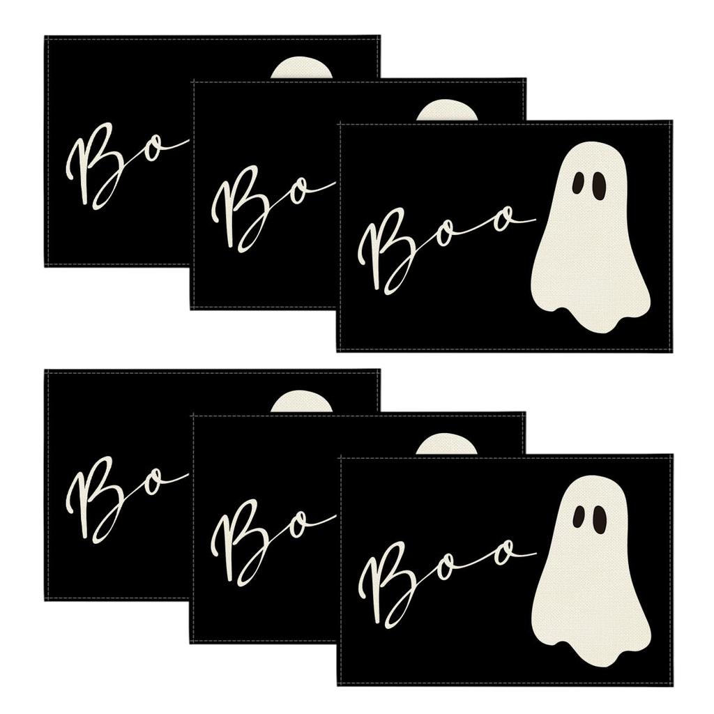 Boo Ghost Halloween Placemats Set of 4, 12x18 Inch Seasonal Black Holiday Table Mats for Party Kitchen Dining Decoration