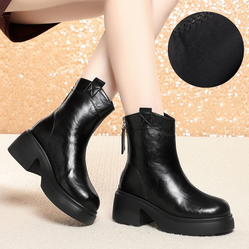 6cm British Style Women's Winter High Boots 2025 Thick Bottom Elegant Woman Heeled Shoes Short Motorcycle Ankle Botas Office Mom