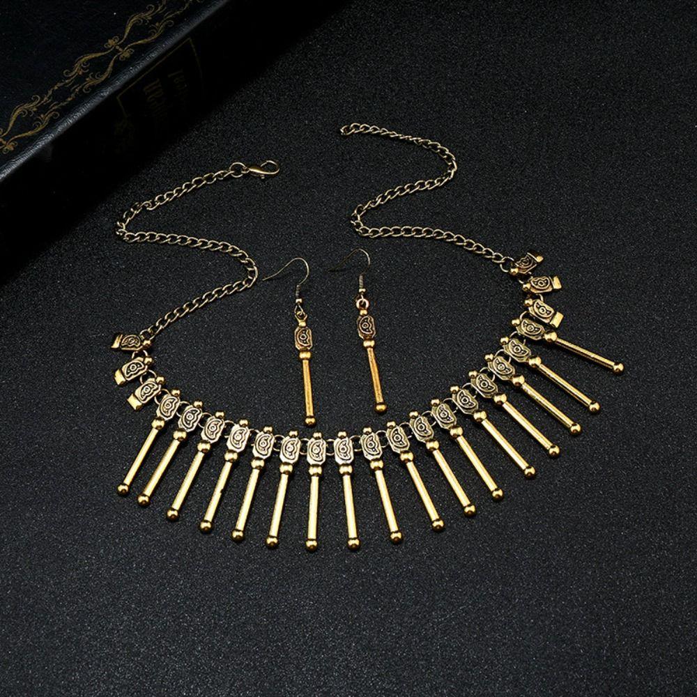 Vintage Bohemian Earrings Suit Gold Retro Clavicle Chain Personalized Ethnic Style Necklace  Party