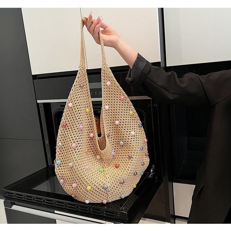 Hollow Out Single Shoulder Knitted Beach Bag Women's Colorful Large Capacity Tote for Seaside Holiday Pool Parties