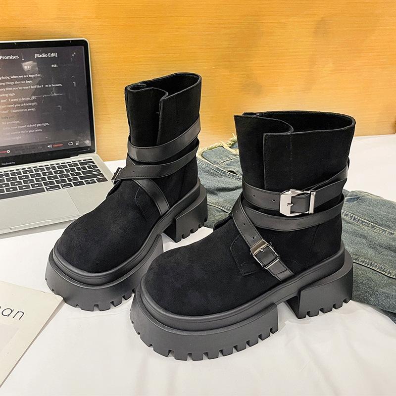 2025 autumn new retro belt buckle muffin Martin boots women's thick-soled thin Maillard short boots fashion boots
