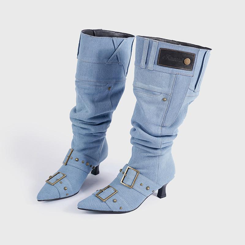 

Fashion Ins style Autumn Winter Rivet Buckle Blue Denim Women Mid-calf Boots Fashion Pointed Toe Pleated High heels Modern Booties Shoes 40 синий